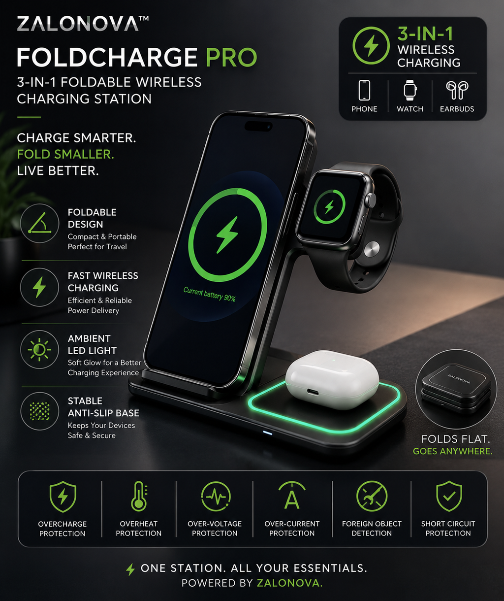 ZALONOVA™ FoldCharge Pro | 3-in-1 Foldable Wireless Charging Station