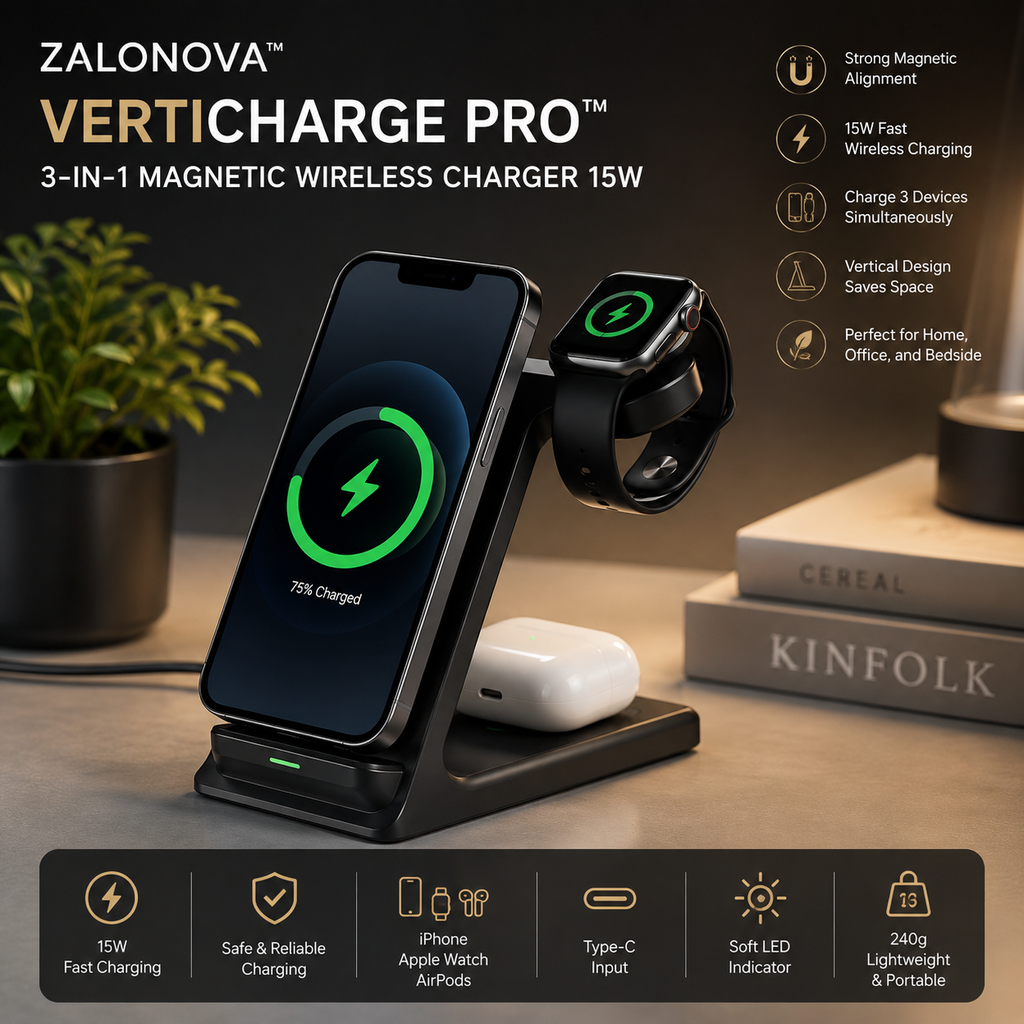 ZALONOVA VertiCharge Pro™ | 3-in-1 Magnetic Wireless Charger 15W