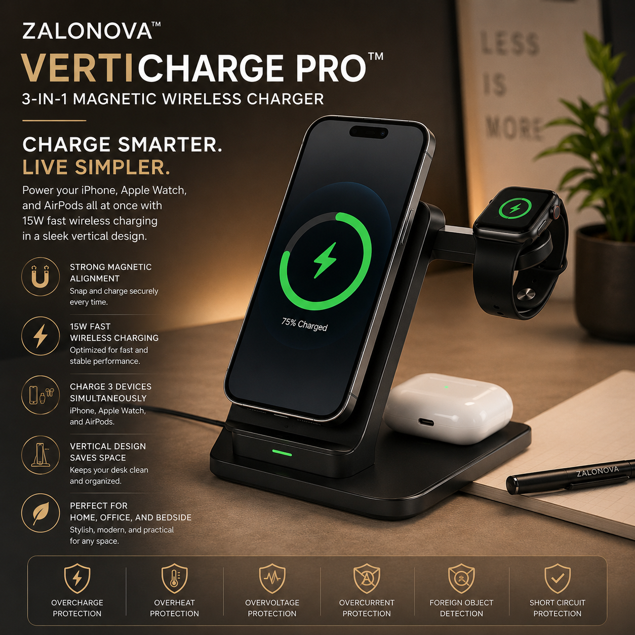 ZALONOVA VertiCharge Pro™ | 3-in-1 Magnetic Wireless Charger 15W