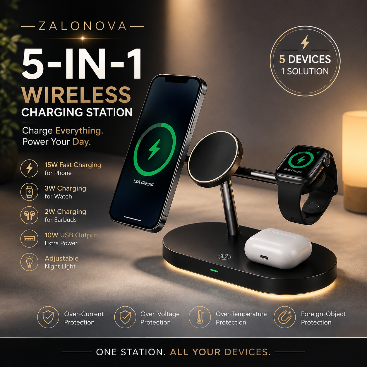 ZALONOVA ChargeHub Pro™ | 5-in-1 Magnetic Wireless Charging Station 15W