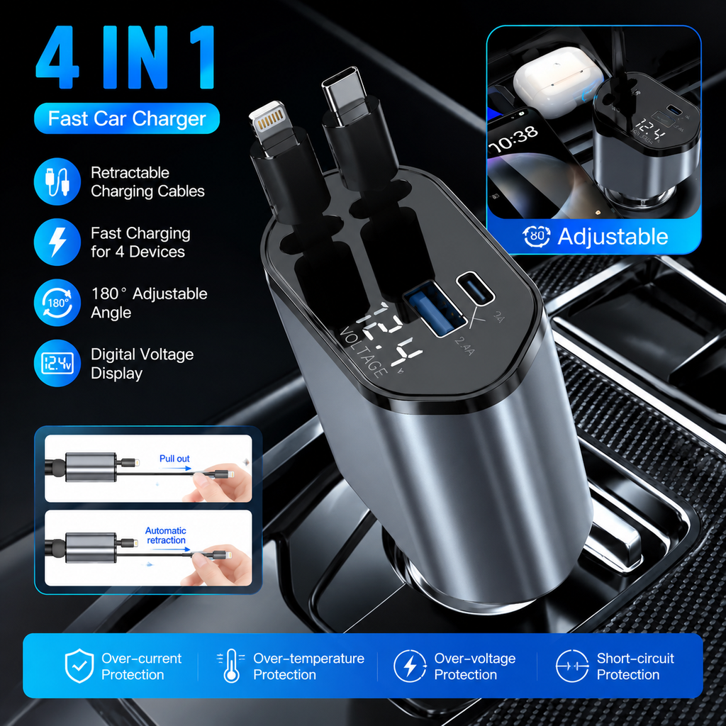 ZALONOVA™ 4-in-1 Retractable Car Charger | USB-C & Lightning