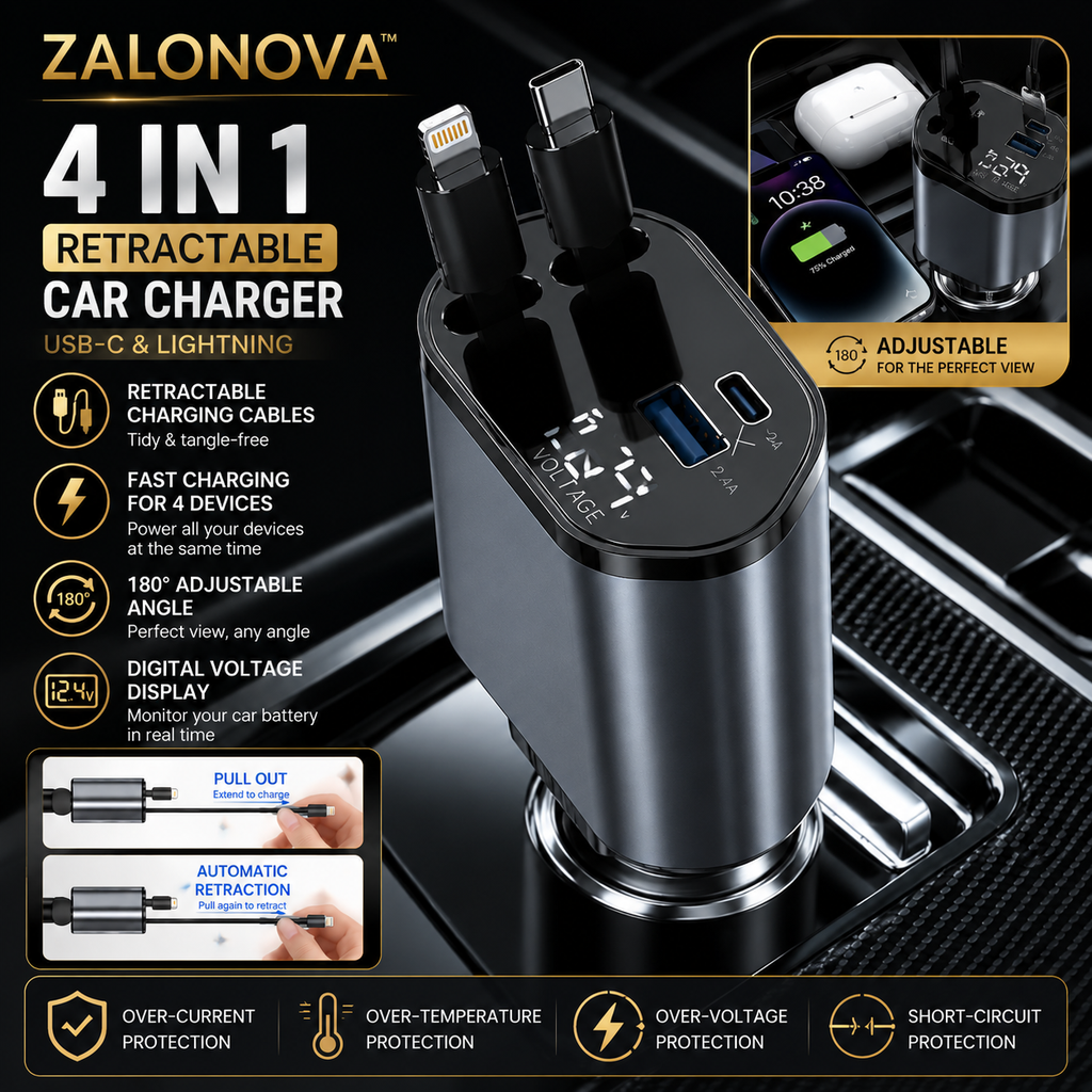 ZALONOVA™ 4-in-1 Retractable Car Charger | USB-C & Lightning