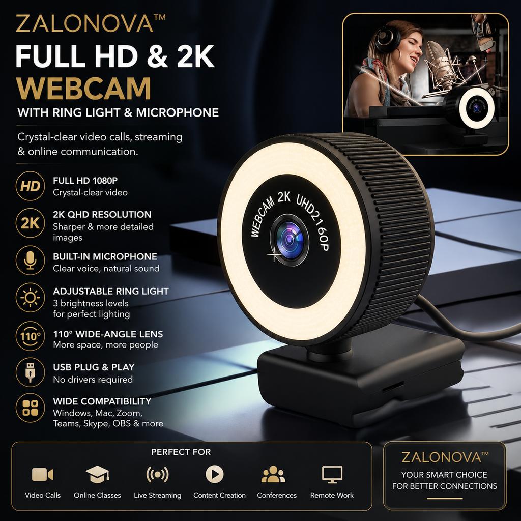 ZALONOVA™ Full HD & 2K Webcam with Ring Light & Microphone
