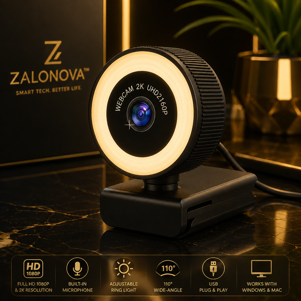 ZALONOVA™ Full HD & 2K Webcam with Ring Light & Microphone