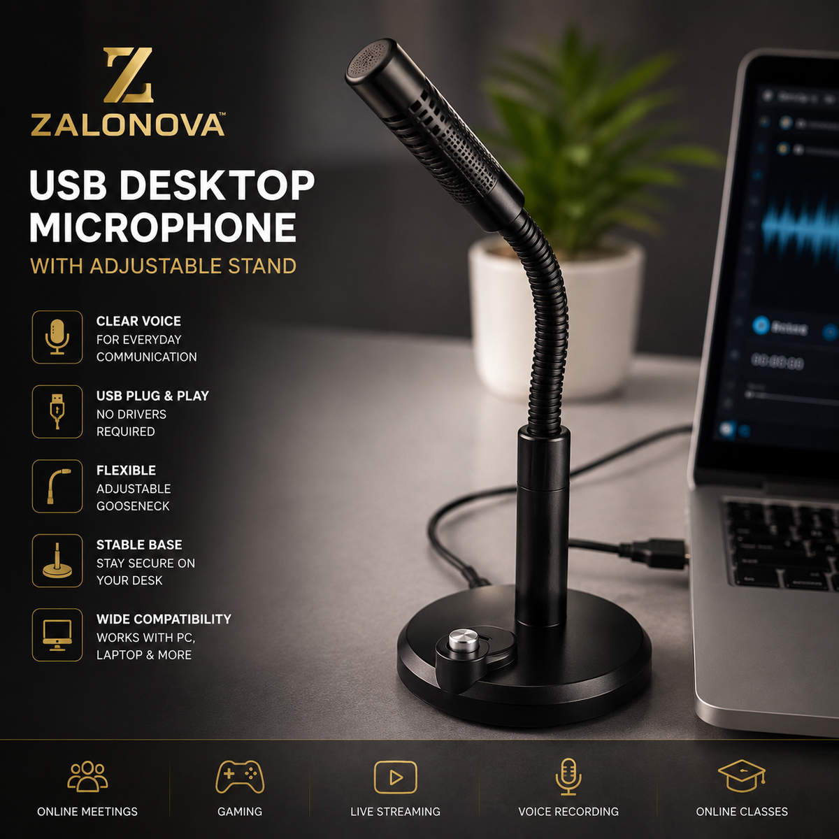 ZALONOVA™ USB Desktop Microphone with Adjustable Stand