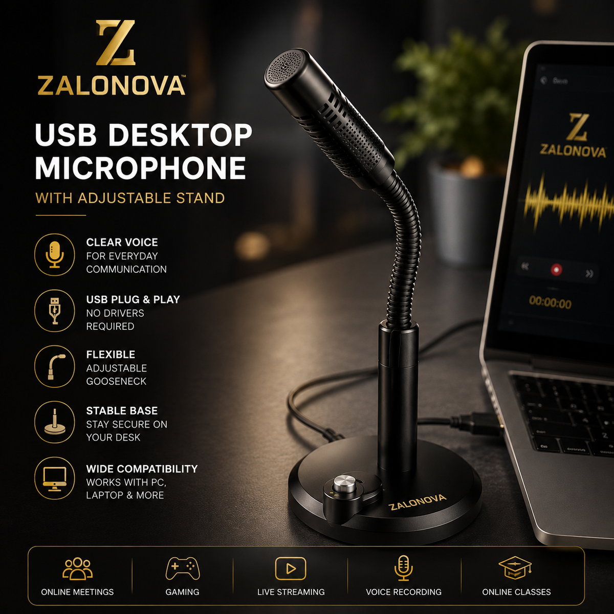 ZALONOVA™ USB Desktop Microphone with Adjustable Stand