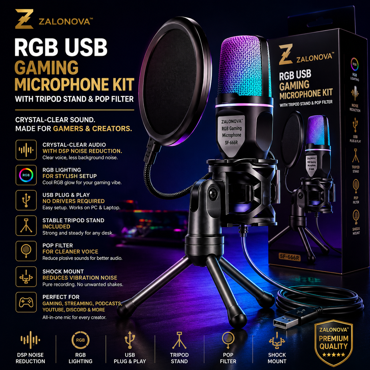 ZALONOVA RGB USB Gaming Microphone Kit with Tripod Stand & Pop Filter