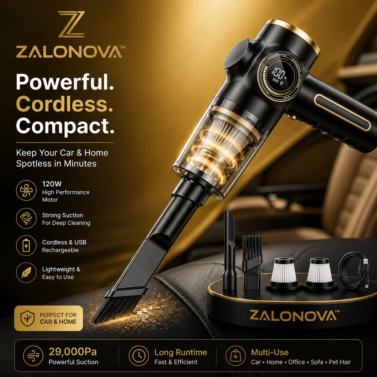 ZALONOVA™ 120W Cordless Car Vacuum Cleaner | Portable Handheld Vacuum for Car & Home
