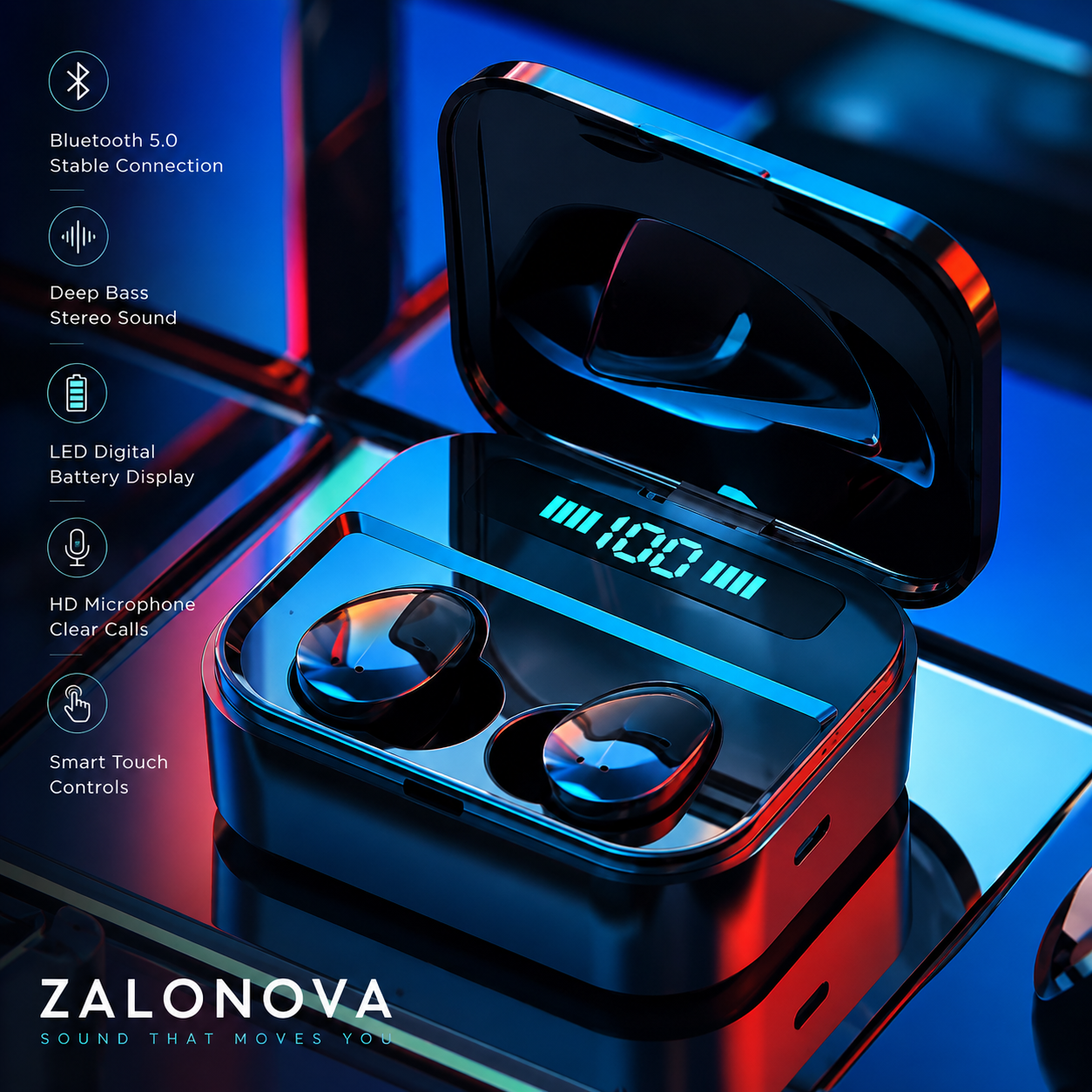 ZALONOVA TWS Wireless Bluetooth Earbuds with LED Display | Deep Bass, Noise Reduction & Charging Case