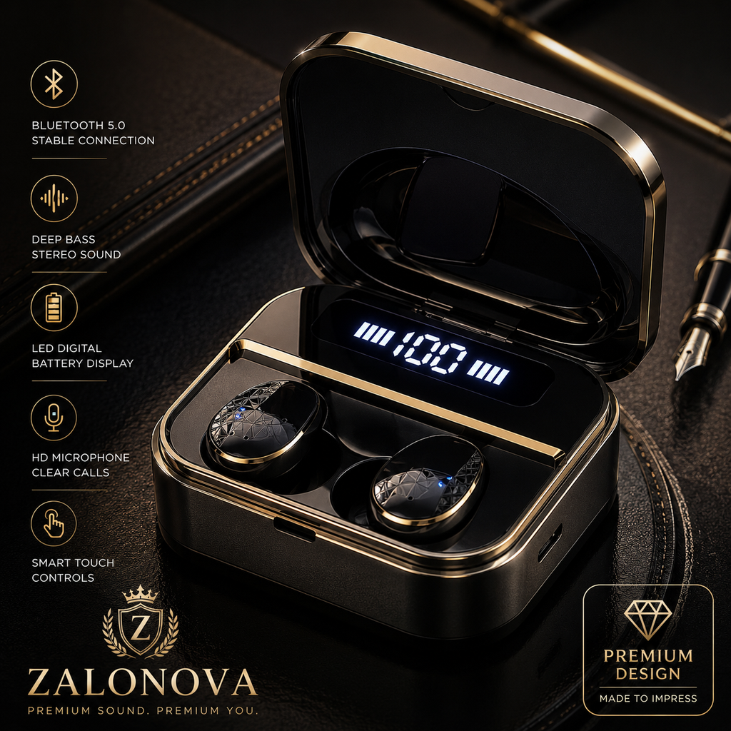 ZALONOVA TWS Wireless Bluetooth Earbuds with LED Display | Deep Bass, Noise Reduction & Charging Case