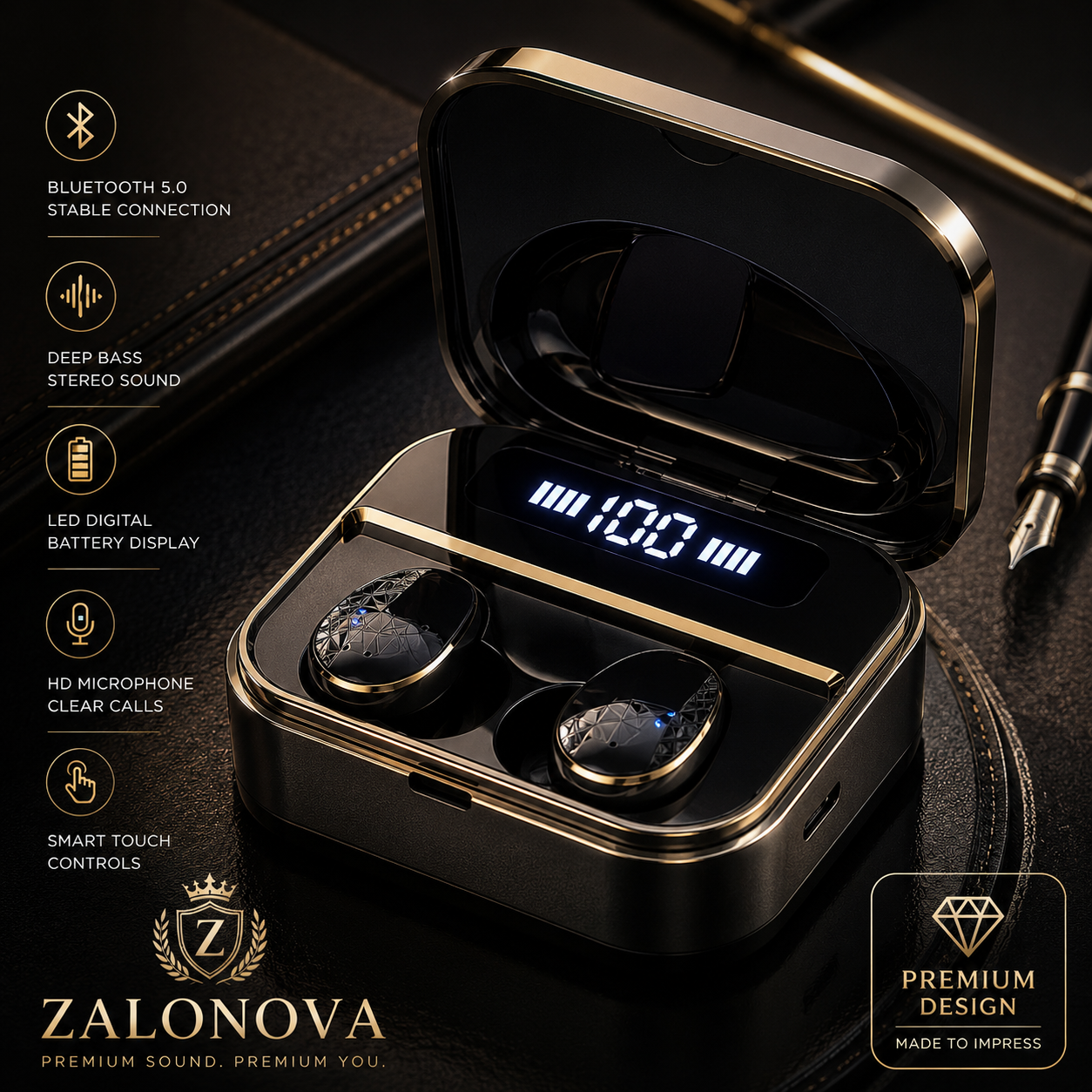 ZALONOVA TWS Wireless Bluetooth Earbuds with LED Display | Deep Bass, Noise Reduction & Charging Case