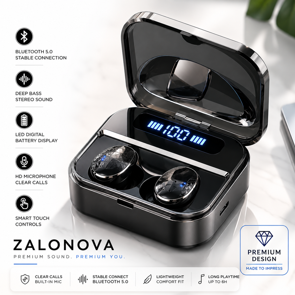ZALONOVA TWS Wireless Bluetooth Earbuds with LED Display | Deep Bass, Noise Reduction & Charging Case