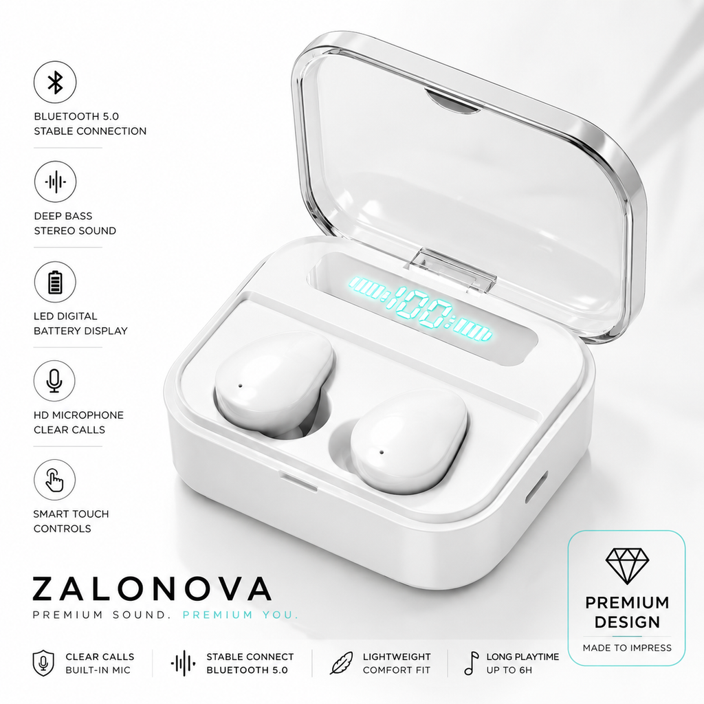 ZALONOVA TWS Wireless Bluetooth Earbuds with LED Display | Deep Bass, Noise Reduction & Charging Case
