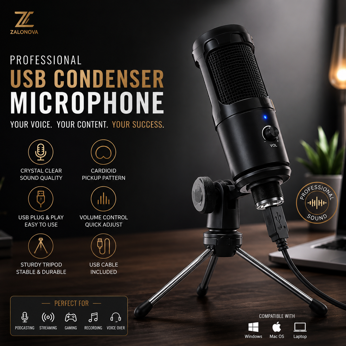 ZALONOVA USB Condenser Microphone with Tripod Stand | Studio Recording Mic for Gaming, Streaming & PC