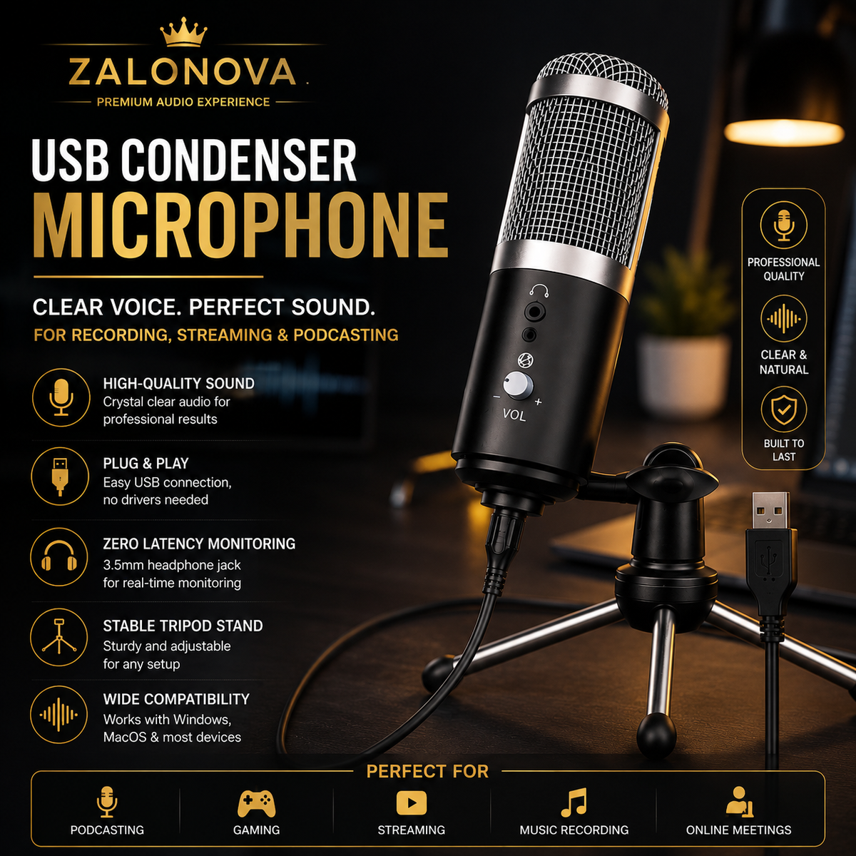 ZALONOVA USB Condenser Microphone with Tripod Stand | Cardioid Studio Mic for PC & Laptop