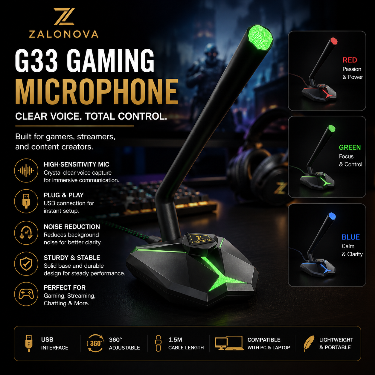 ZALONOVA G33 USB Gaming Microphone | Noise Reduction | Plug & Play for PC & Laptop