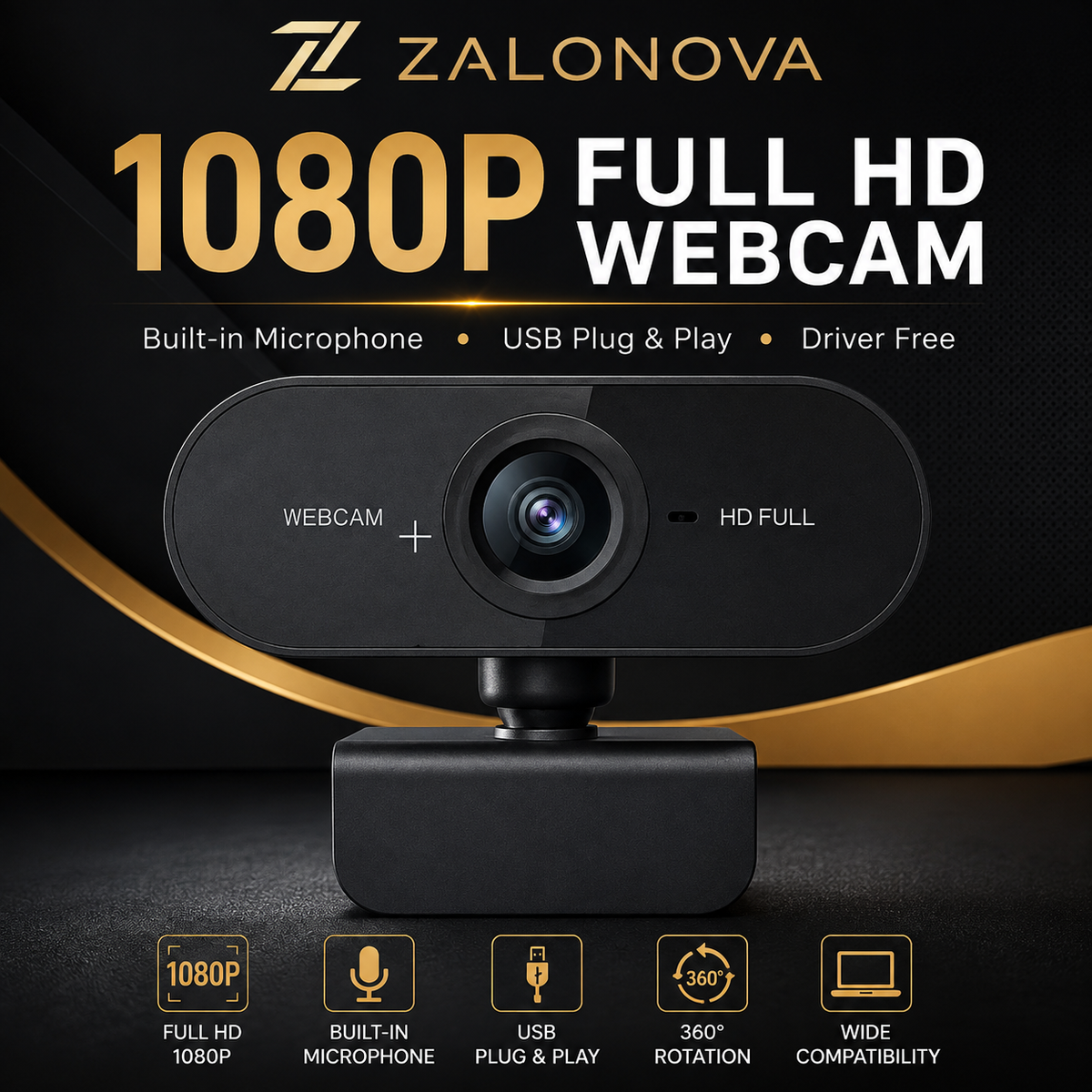 ZALONOVA 1080P Full HD Webcam with Built-in Microphone | USB Plug & Play