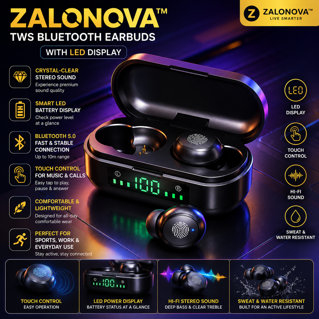 ZALONOVA™ TWS Bluetooth 5.0 Earbuds with LED Display
