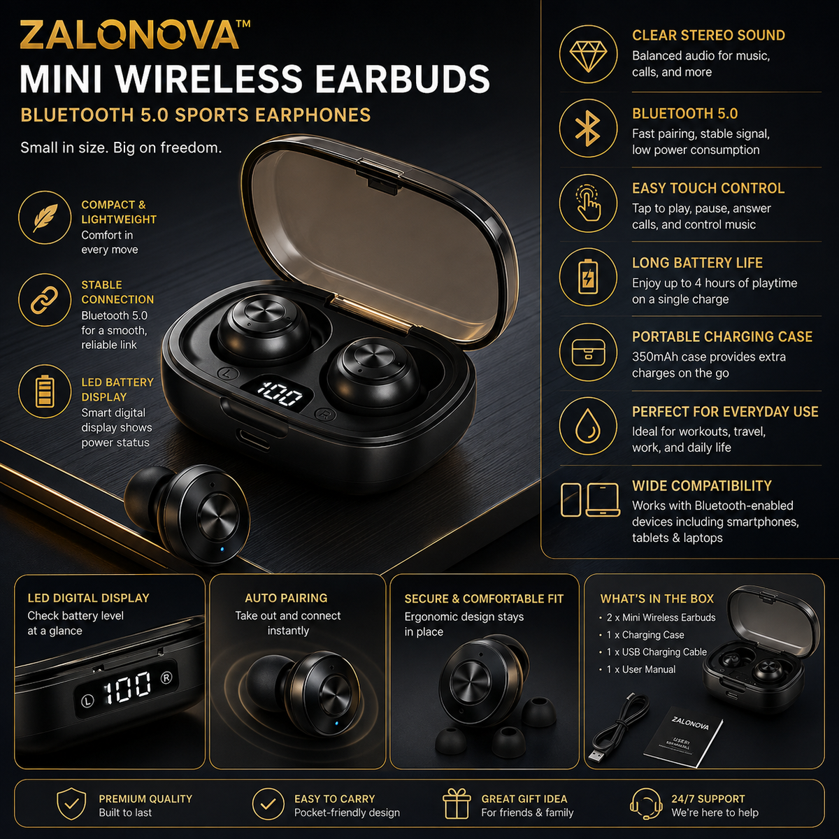 ZALONOVA™ Mini Wireless Earbuds – Bluetooth 5.0 with LED Display