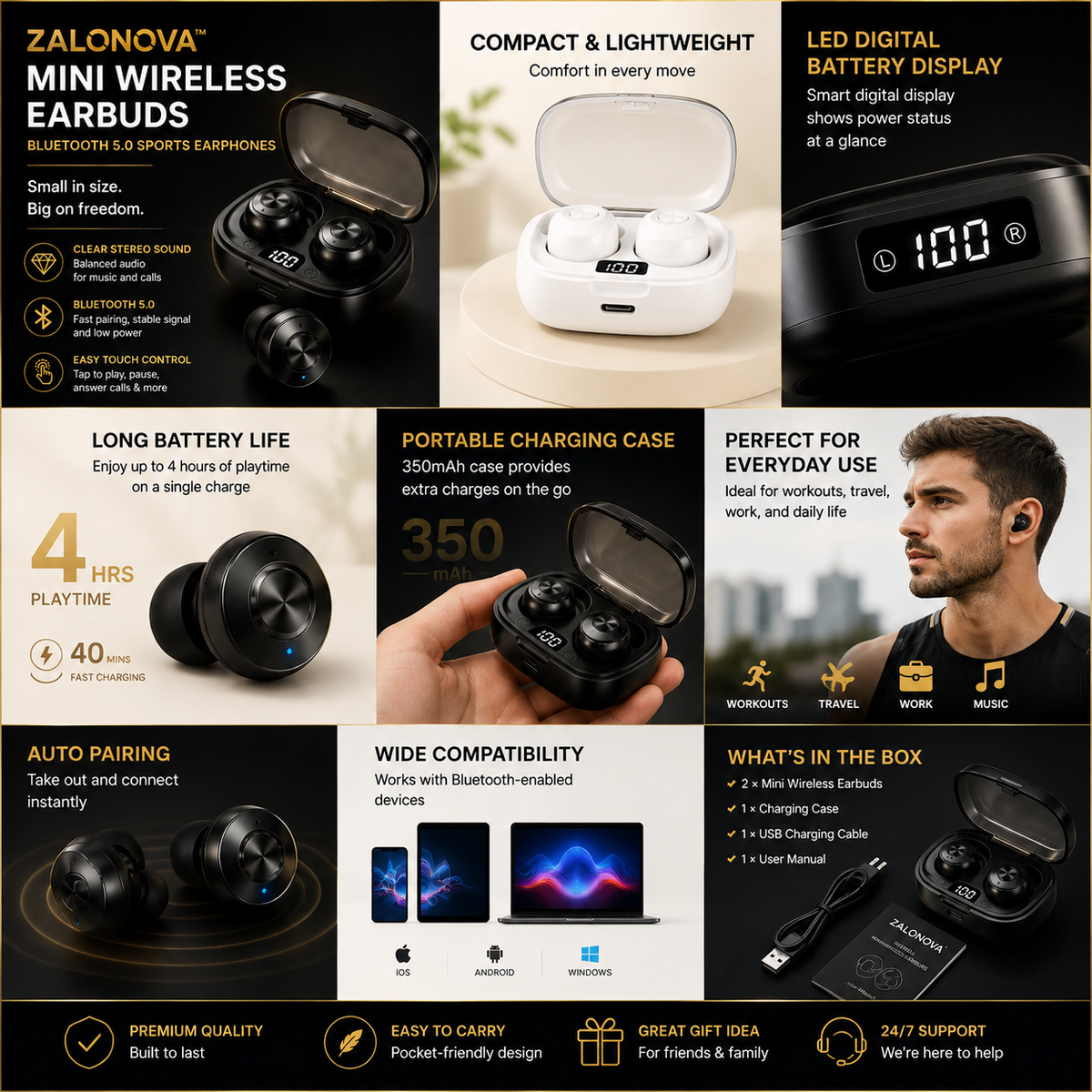 ZALONOVA™ Mini Wireless Earbuds – Bluetooth 5.0 with LED Display
