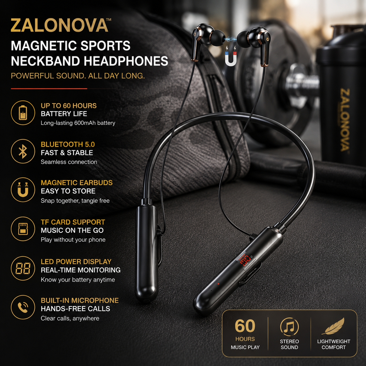 ZALONOVA™ Magnetic Sports Neckband Headphones – Bluetooth 5.0