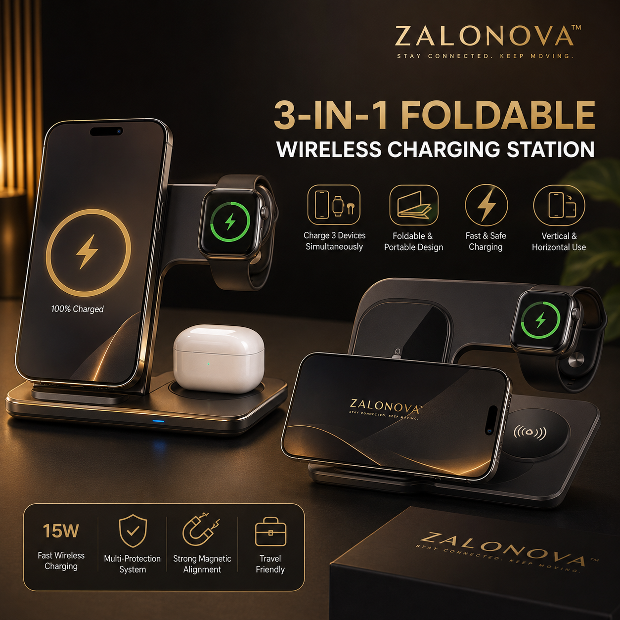 ZALONOVA FoldCharge Pro™ | 3-in-1 Magnetic Wireless Charger 15W
