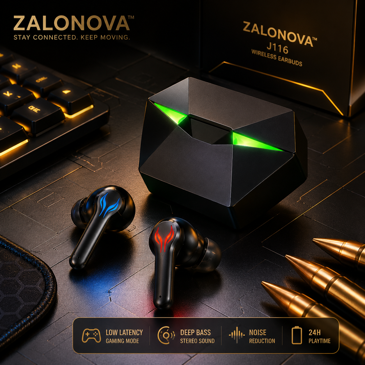 ZALONOVA™ J116 Wireless Gaming Earbuds – LED Charging Case