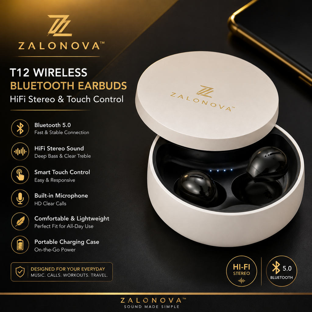 ZALONOVA™ T12 Wireless Bluetooth Earbuds – HiFi Stereo & Touch Control