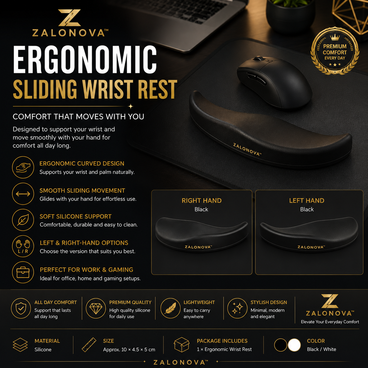 ZALONOVA™ Ergonomic Sliding Wrist Rest – Silicone Mouse Support