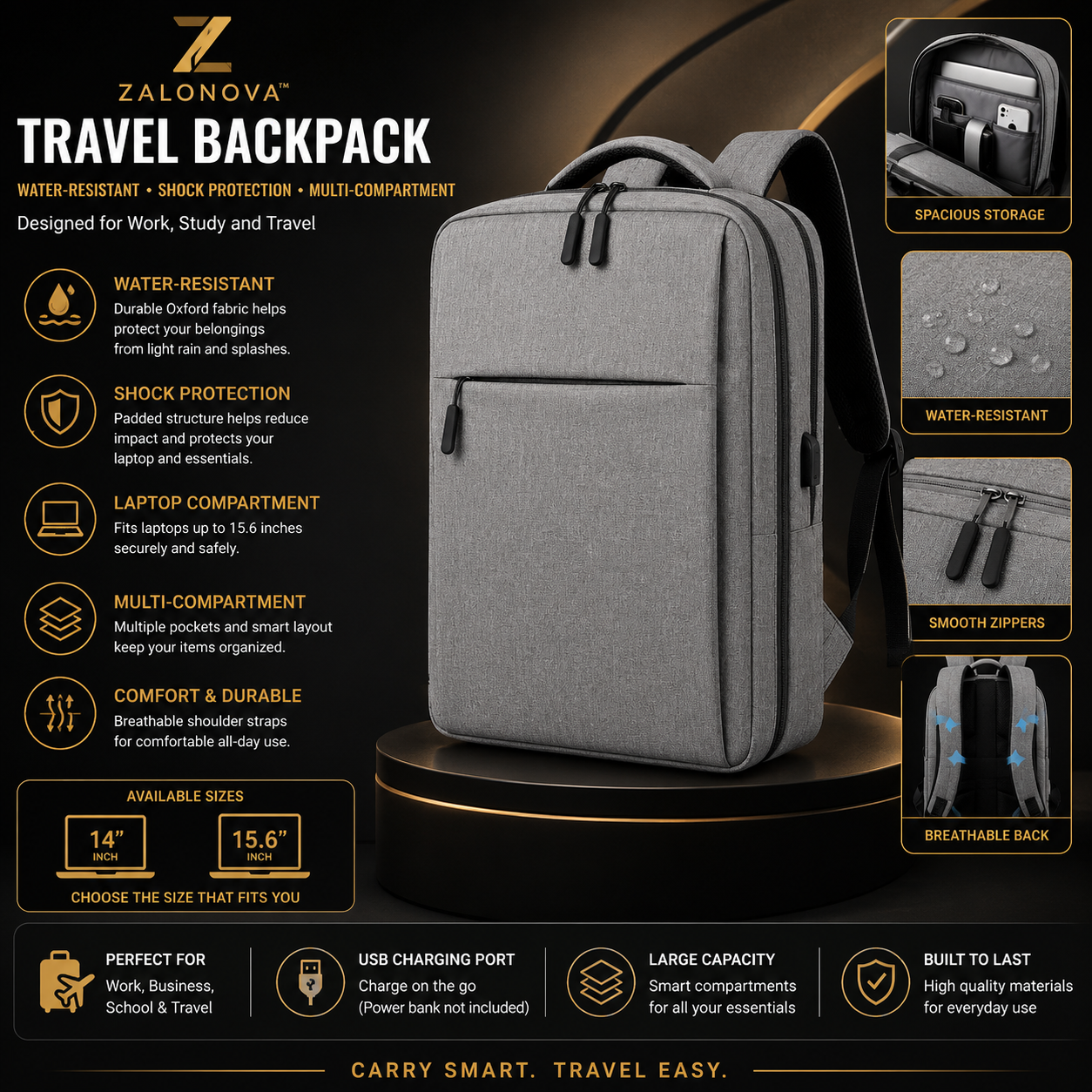 ZALONOVA™ Waterproof & Shockproof Travel Backpack