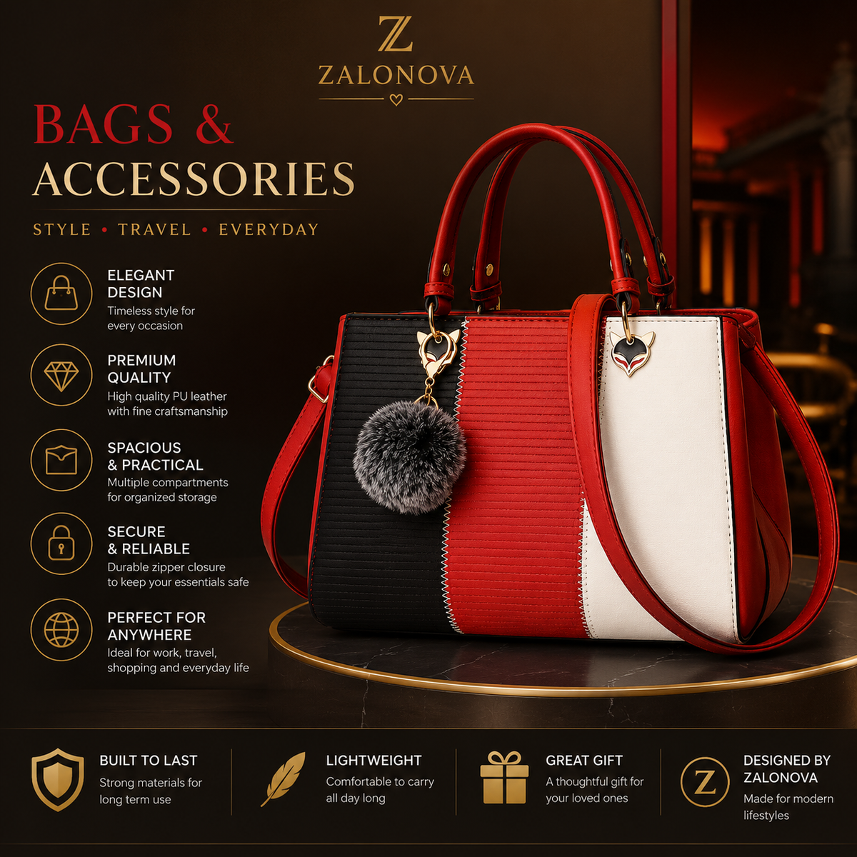 ZALONOVA™ Colorblock PU Leather Handbag – Shoulder & Crossbody Bag