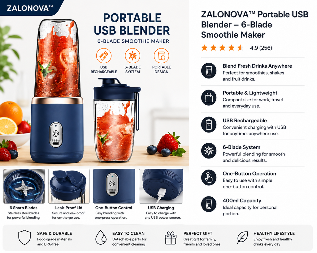 ZALONOVA™ Portable USB Blender – 6-Blade Smoothie Maker