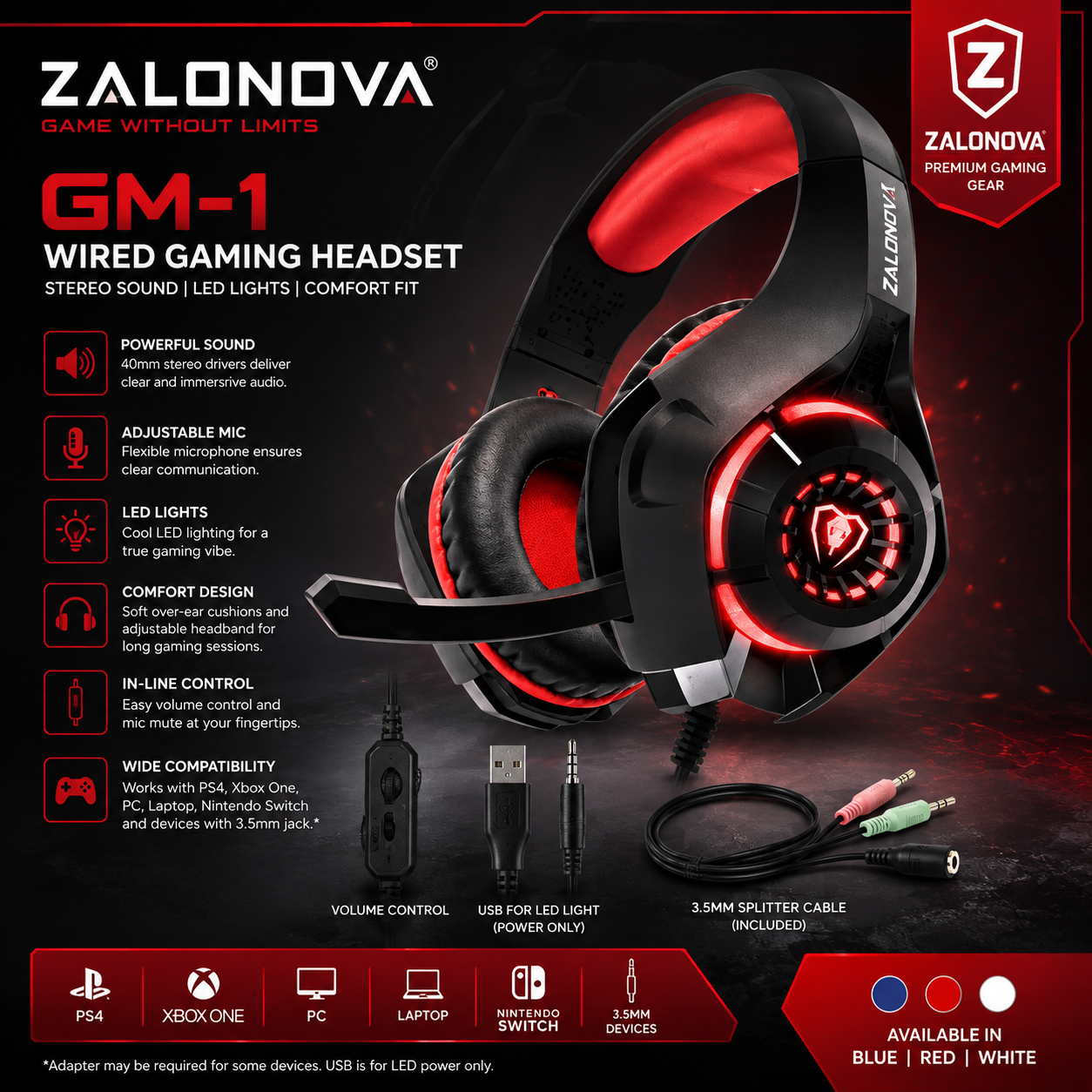 ZALONOVA™ GM-1 Wired Gaming Headset with Microphone & LED Lights