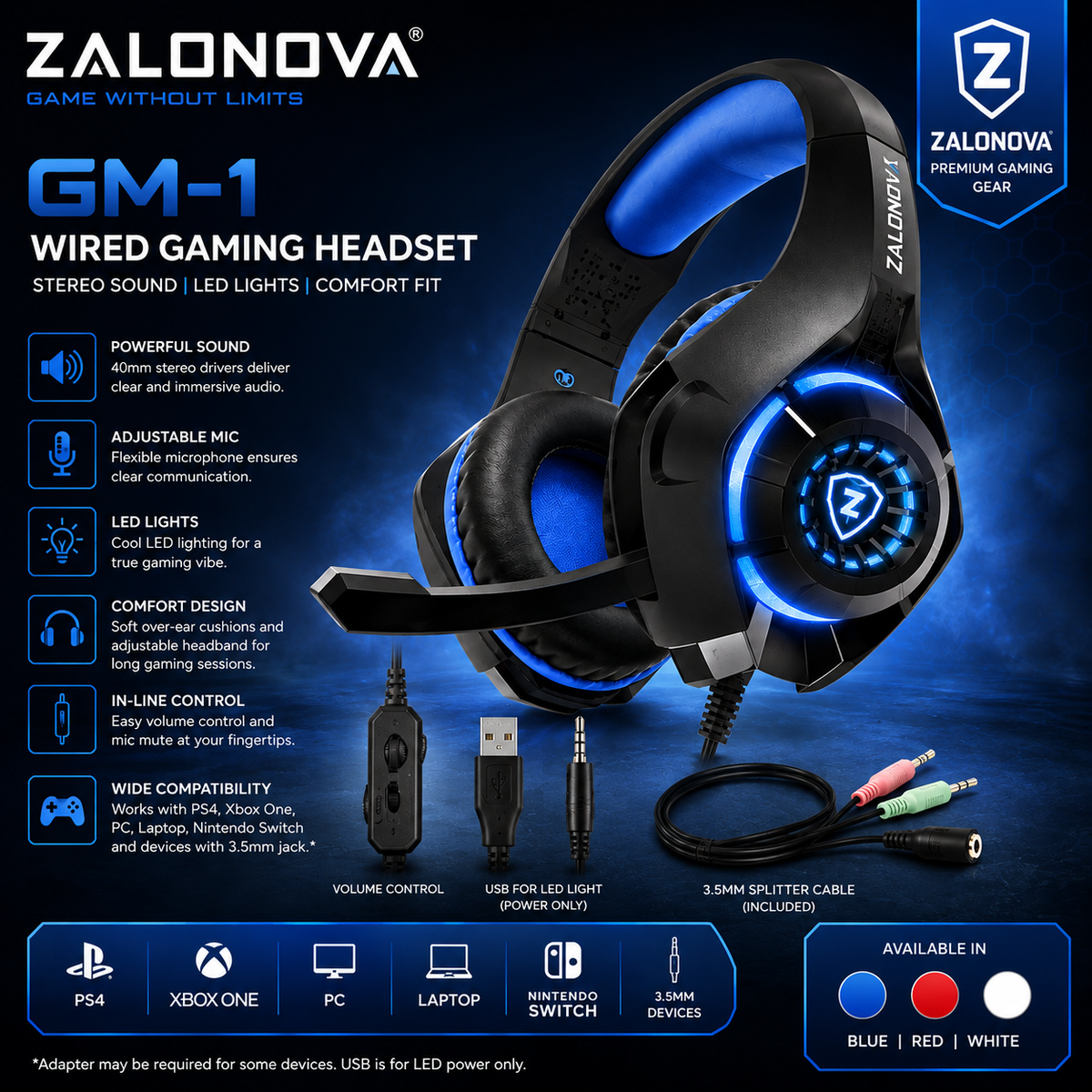 ZALONOVA™ GM-1 Wired Gaming Headset with Microphone & LED Lights
