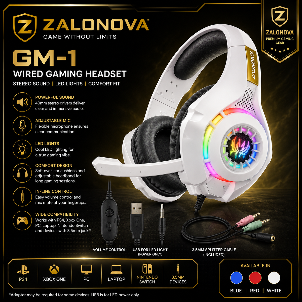 ZALONOVA™ GM-1 Wired Gaming Headset with Microphone & LED Lights