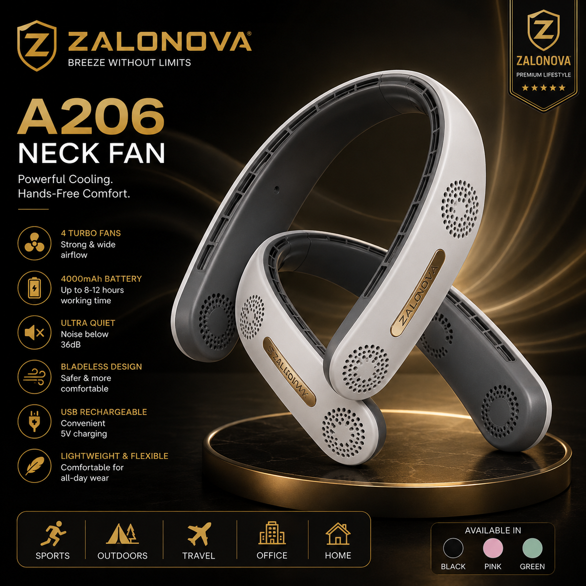 ZALONOVA™ A206 Bladeless Neck Fan – 4000mAh Portable Cooling Fan
