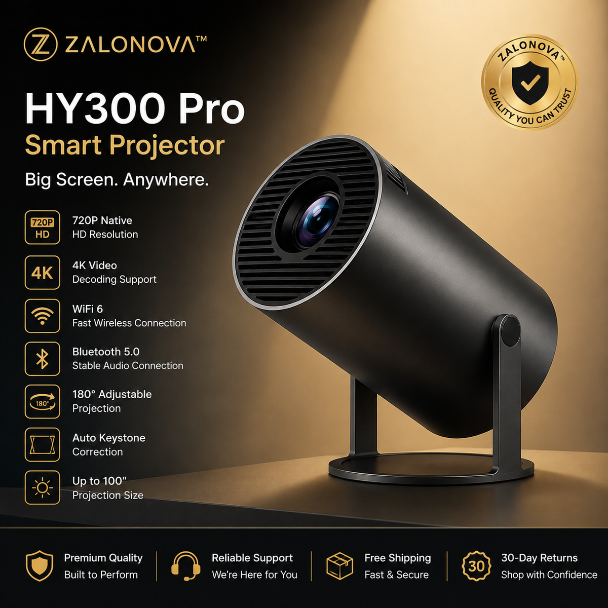 ZALONOVA™ HY300 Pro Smart Projector – WiFi 6 & Bluetooth 5.0