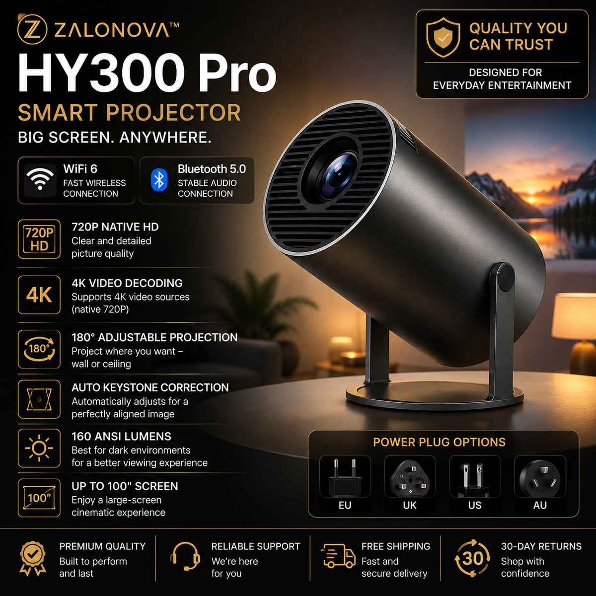 ZALONOVA™ HY300 Pro Smart Projector – WiFi 6 & Bluetooth 5.0