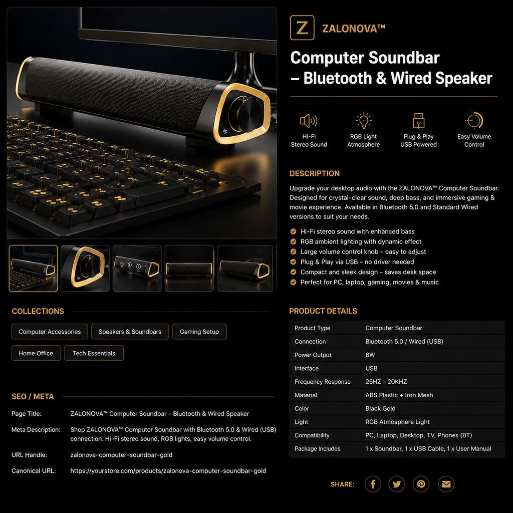 ZALONOVA™ Bluetooth 5.0 Computer Soundbar – 6W Stereo Speaker