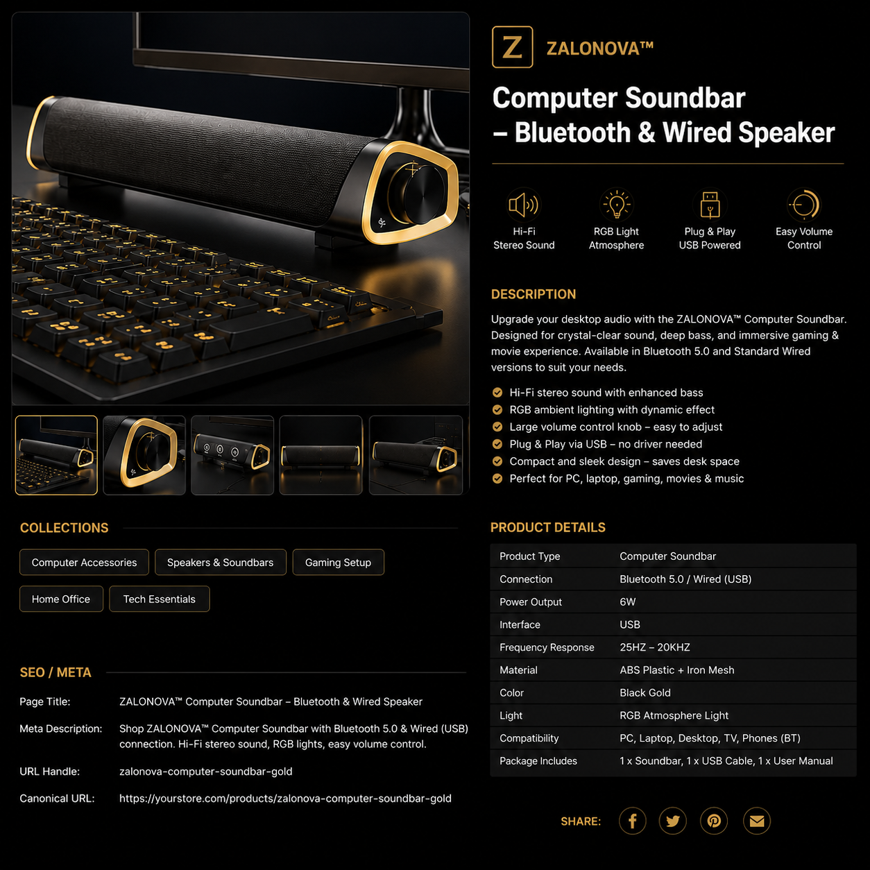 ZALONOVA™ Bluetooth 5.0 Computer Soundbar – 6W Stereo Speaker