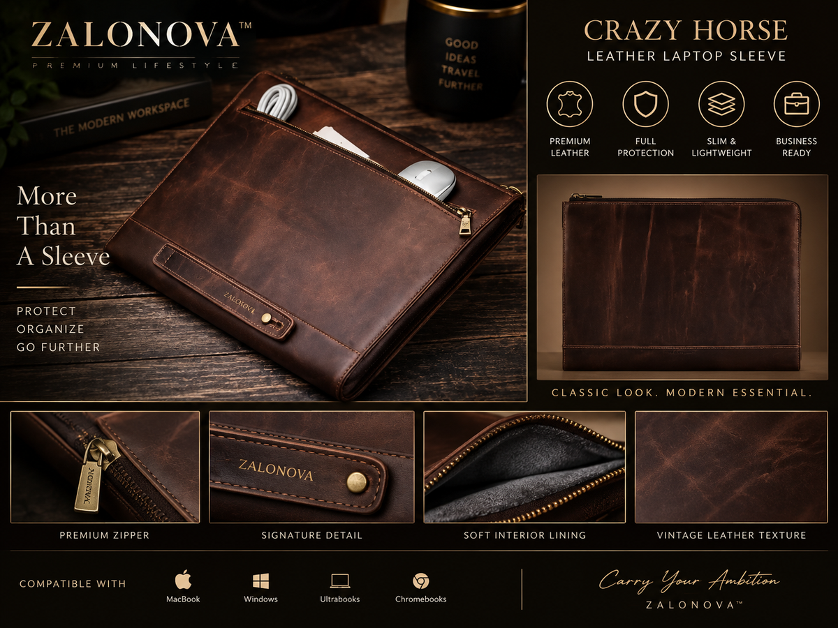 ZALONOVA™ Crazy Horse Leather Laptop Sleeve – Up to 14.2"
