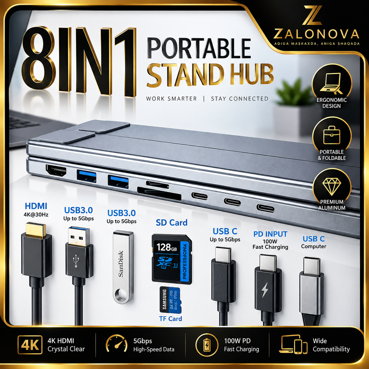 ZALONOVA™ 8-in-1 USB-C Laptop Stand & Docking Station