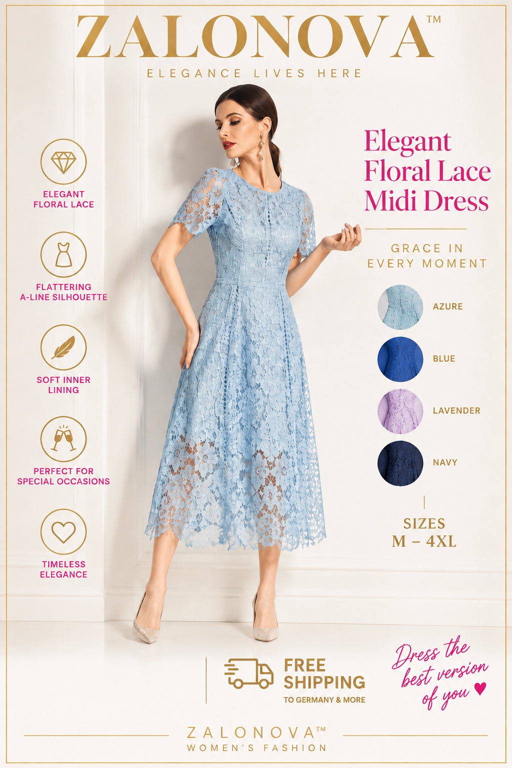 ZALONOVA™ Elegant Floral Lace A-Line Midi Dress