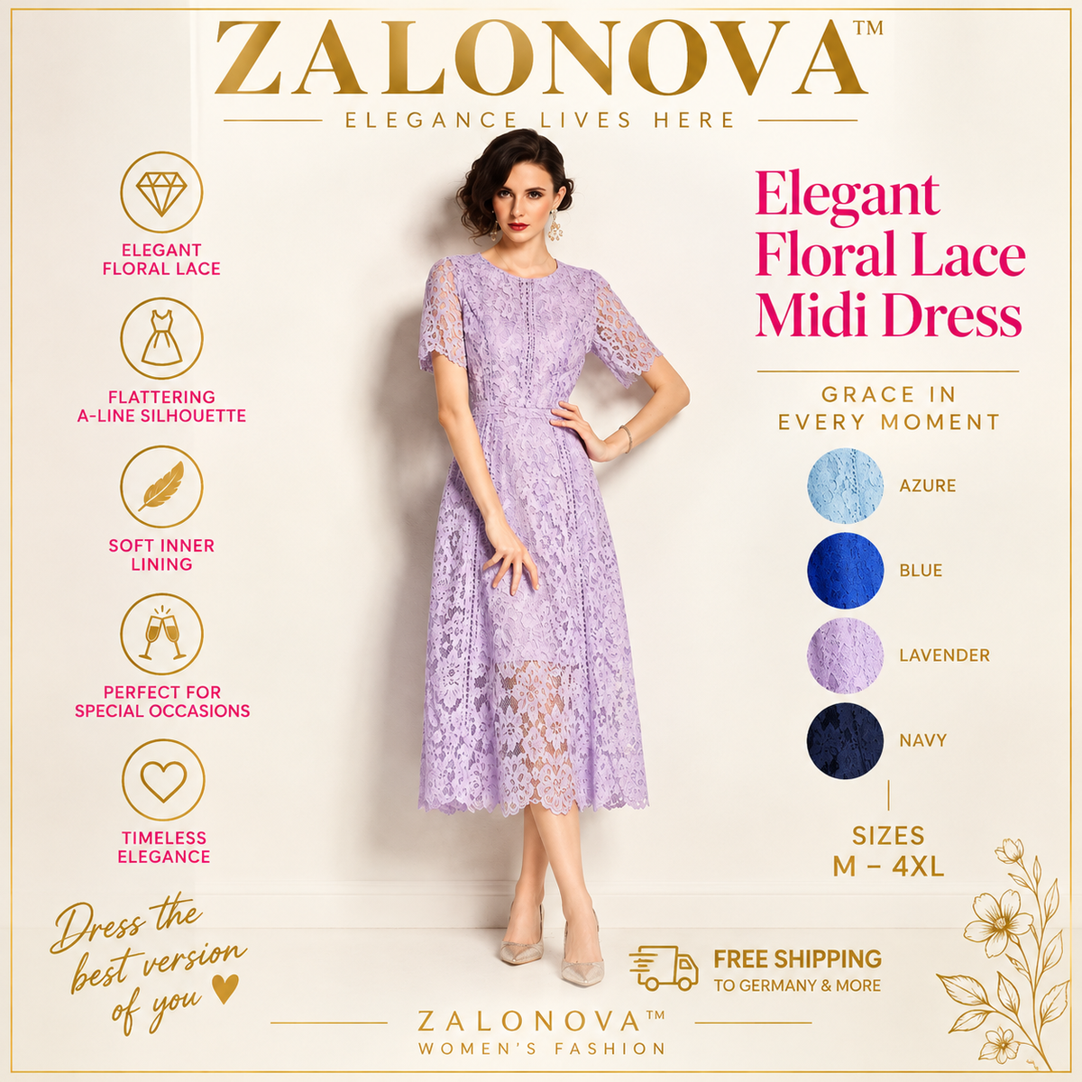 ZALONOVA™ Elegant Floral Lace A-Line Midi Dress