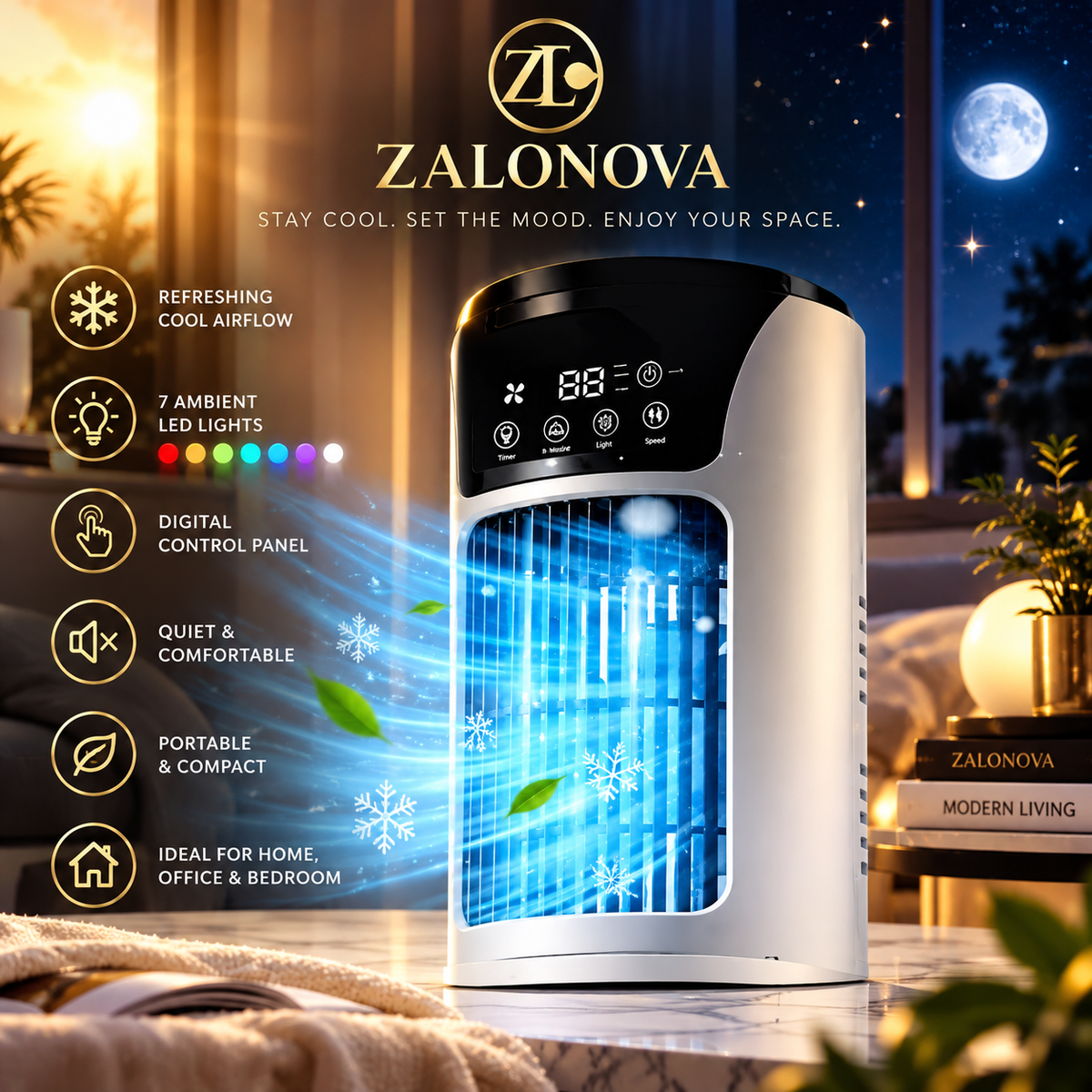 ZALONOVA™ Portable Smart Cooling Fan with 7 Ambient LED Lights