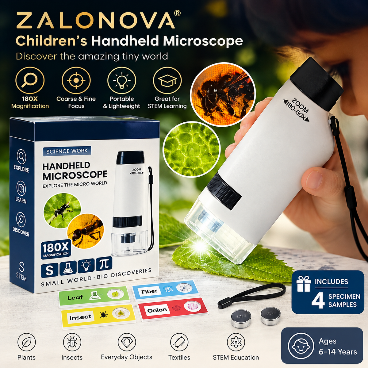 ZALONOVA™ 180X Portable Kids Microscope – STEM Discovery Toy
