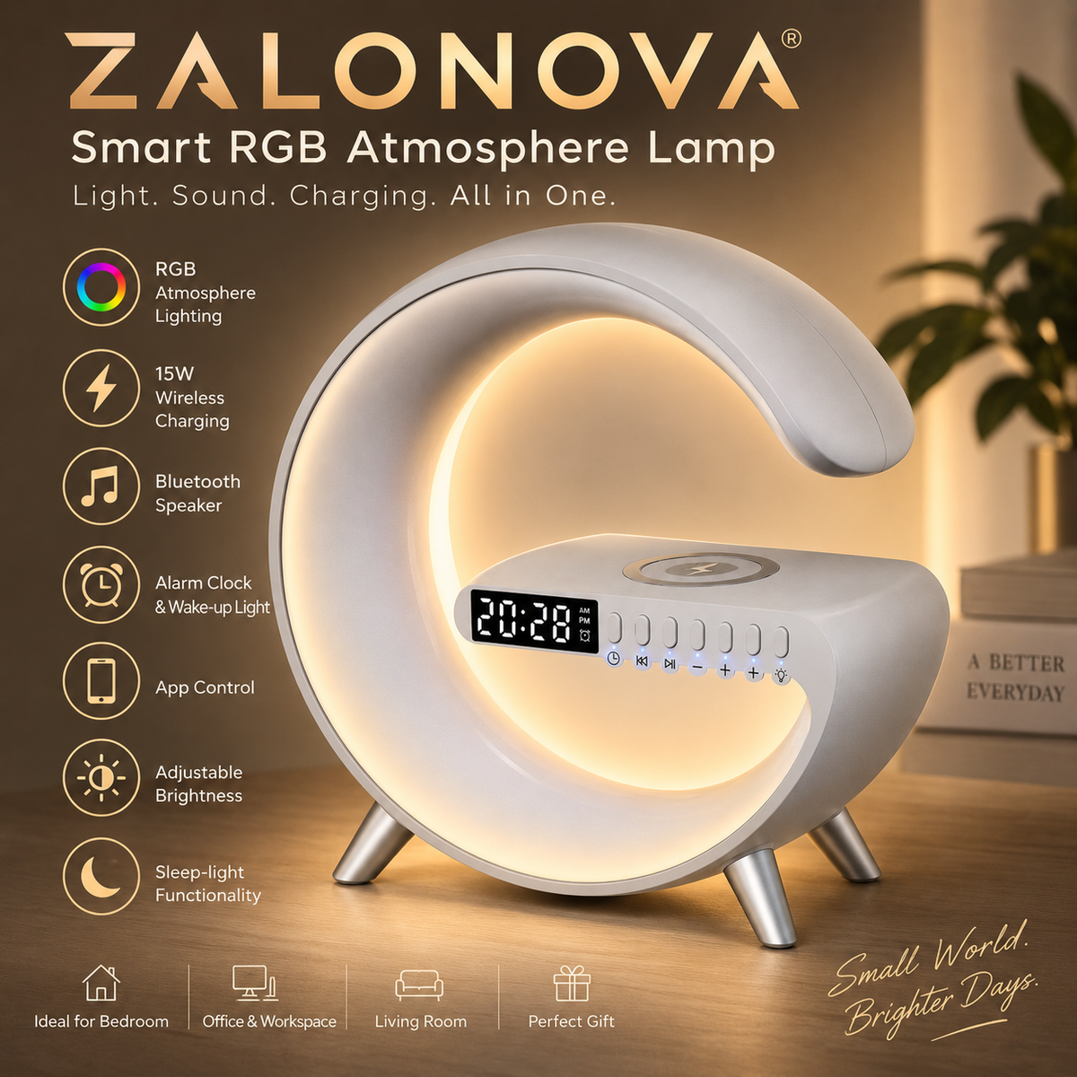 ZALONOVA™ Smart RGB Atmosphere Lamp – Wireless Charger & Bluetooth Speaker