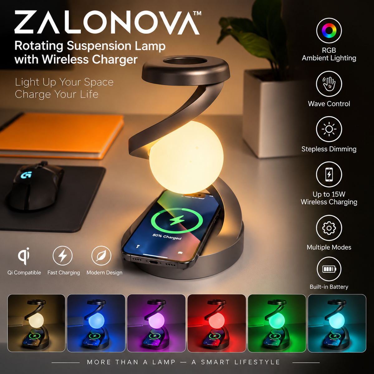 ZALONOVA™ Rotating Suspension Lamp – RGB Light & 15W Wireless Charger