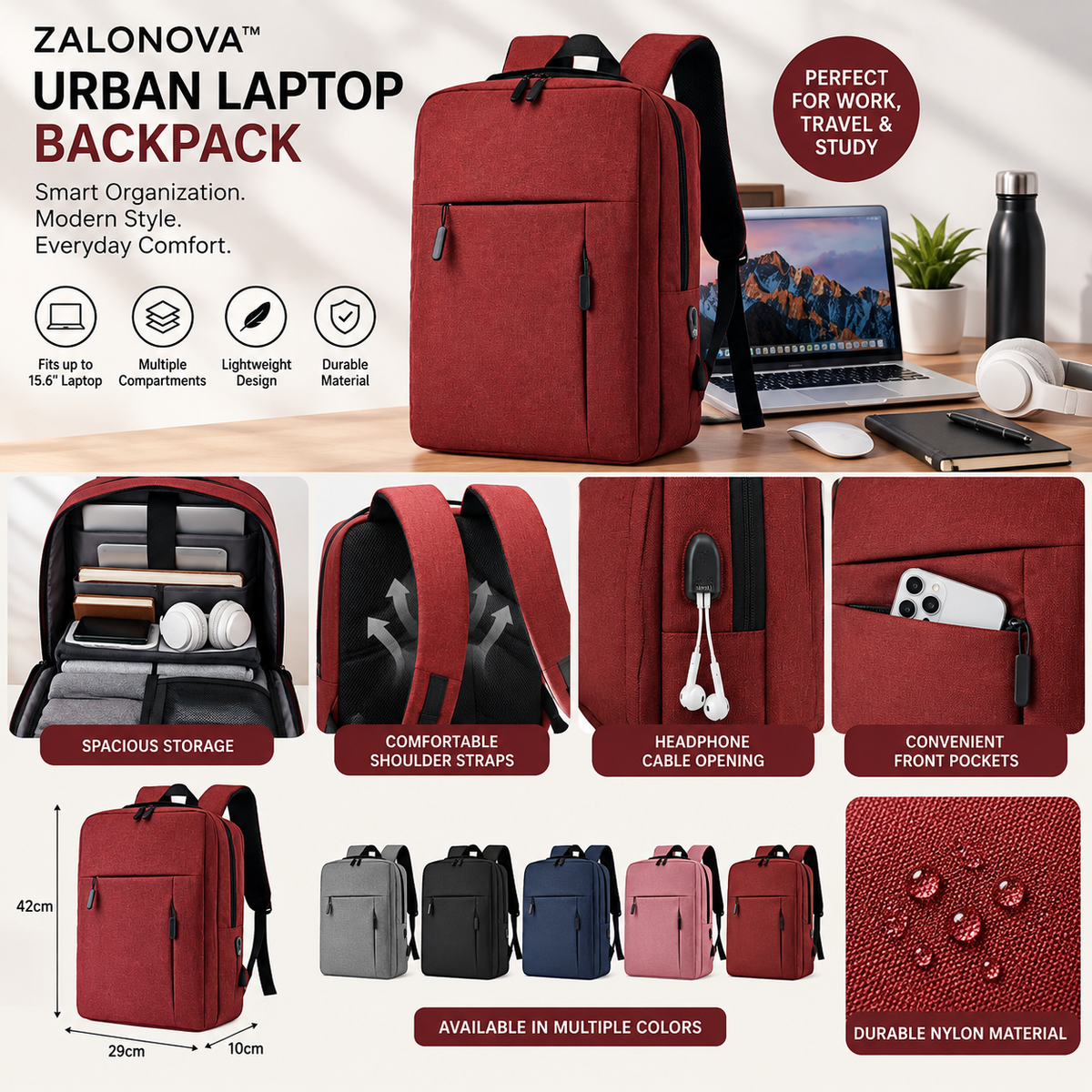 ZALONOVA™ Urban 15.6" Laptop Backpack – Lightweight Travel & Business Bag