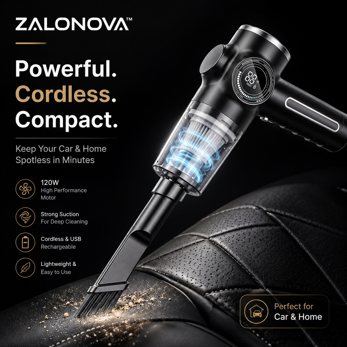ZALONOVA™ 120W Cordless Car Vacuum Cleaner | Portable Handheld Vacuum for Car & Home